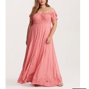 Torrid Coral Off Shoulder Embroidered Maxi Dress